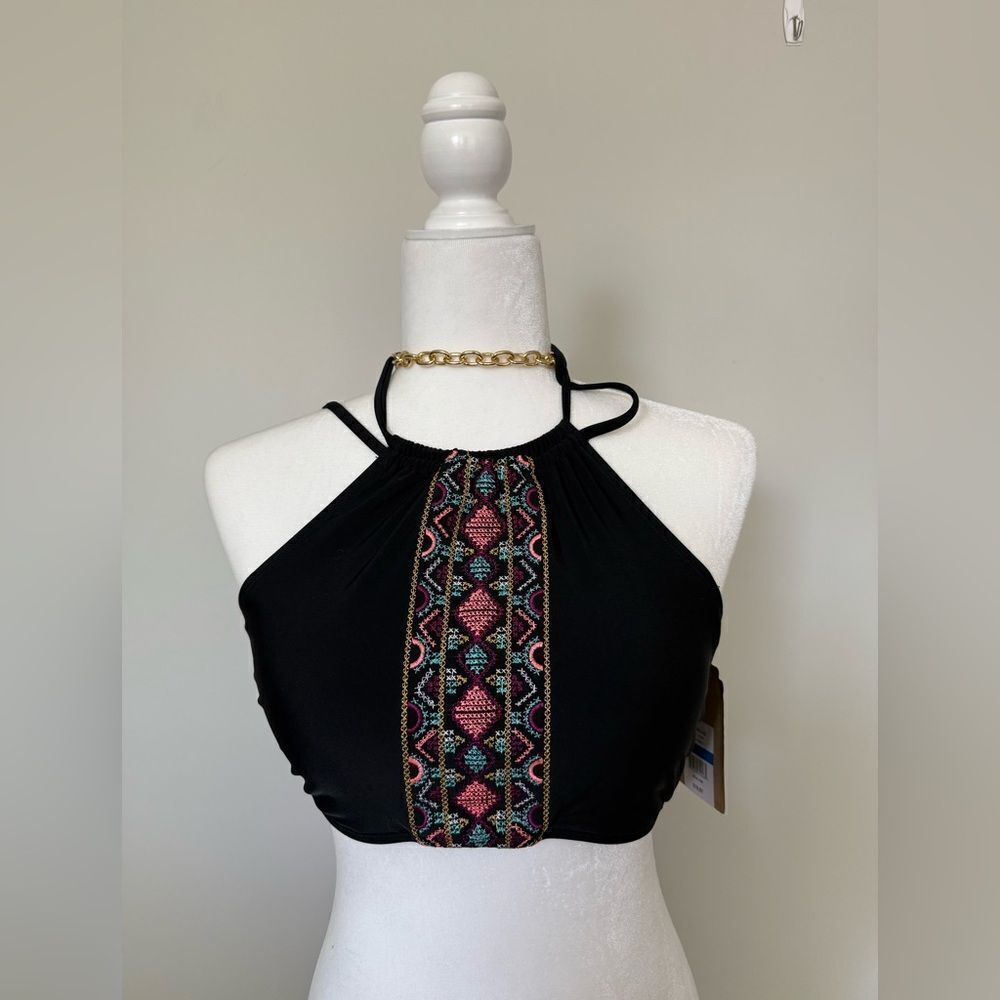 NWT Black Halter Top Bathing suit with Multicolor Pattern XL